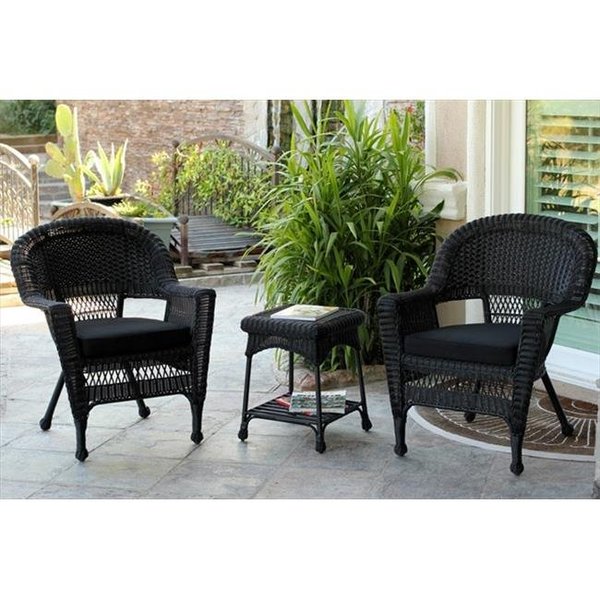 Jeco Jeco W00207_2-CES017 3 Piece Black Wicker Chair And End Table Set With Black Cushion W00207_2-CES017